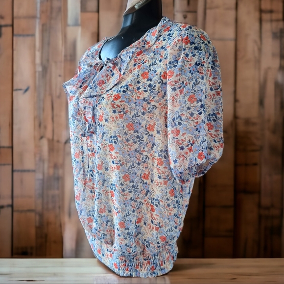 3/$40 Sale! ECLAIR Floral Ruffled Front Tie Lined Blouse - Picture 3 of 9